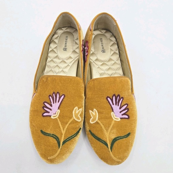 Birdies Shoes - Birdies The Starling Shoes Size 10 Ocher Yellow Embroidered Velvet Flowers Flats
